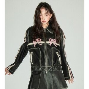 Diddi Moda Bow Moto Jacket Womens M Black Faux Leather Coquette Girl Bikercore